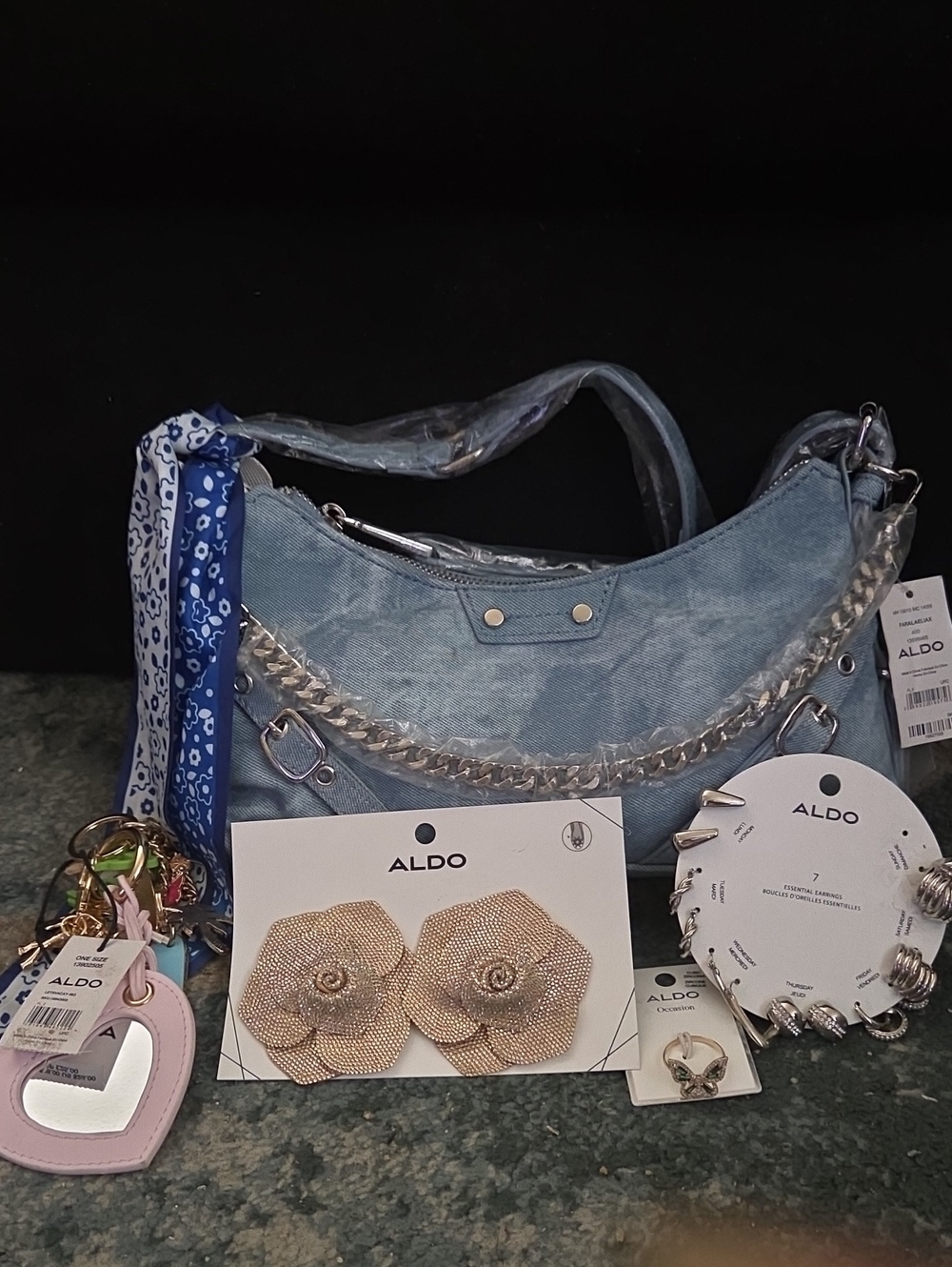 5 Bundle ALDO Light Blue Denim Shoulder Bag with Chain Trim